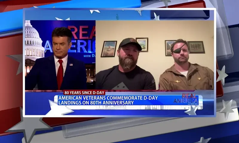 Video still from Real America on One America News Network during an interview with the guests, Nick Kush and Rep. Dan Crenshaw.