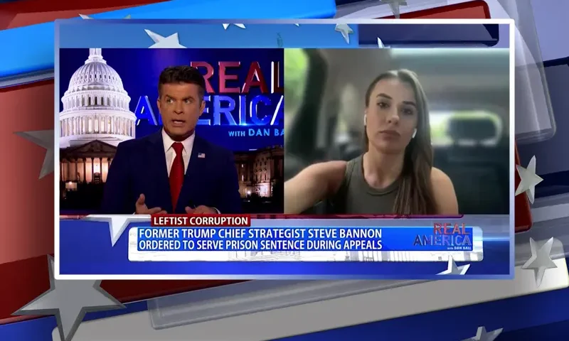 Video still from Real America on One America News Network showing a split screen of the host on the left side, and on the right side is the guest, Breanna Morello.