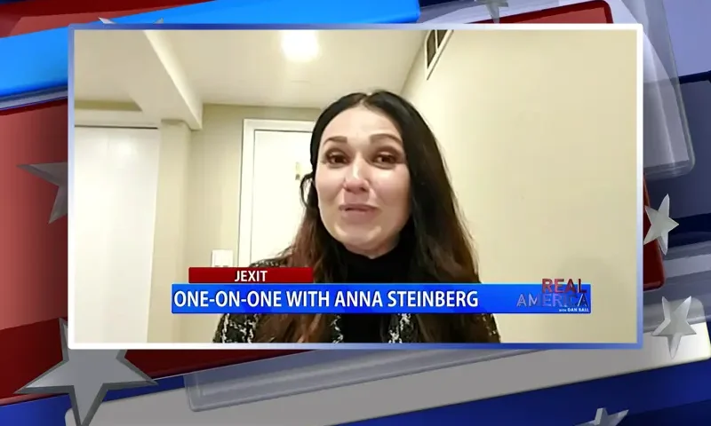 Video still from Real America on One America News Network during an interview with the guest, Anna Steinberg.