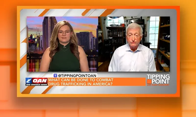 Video still from Tipping Point on One America News Network showing a split screen of the host on the left side, and on the right side is the guest, Phillip Price.